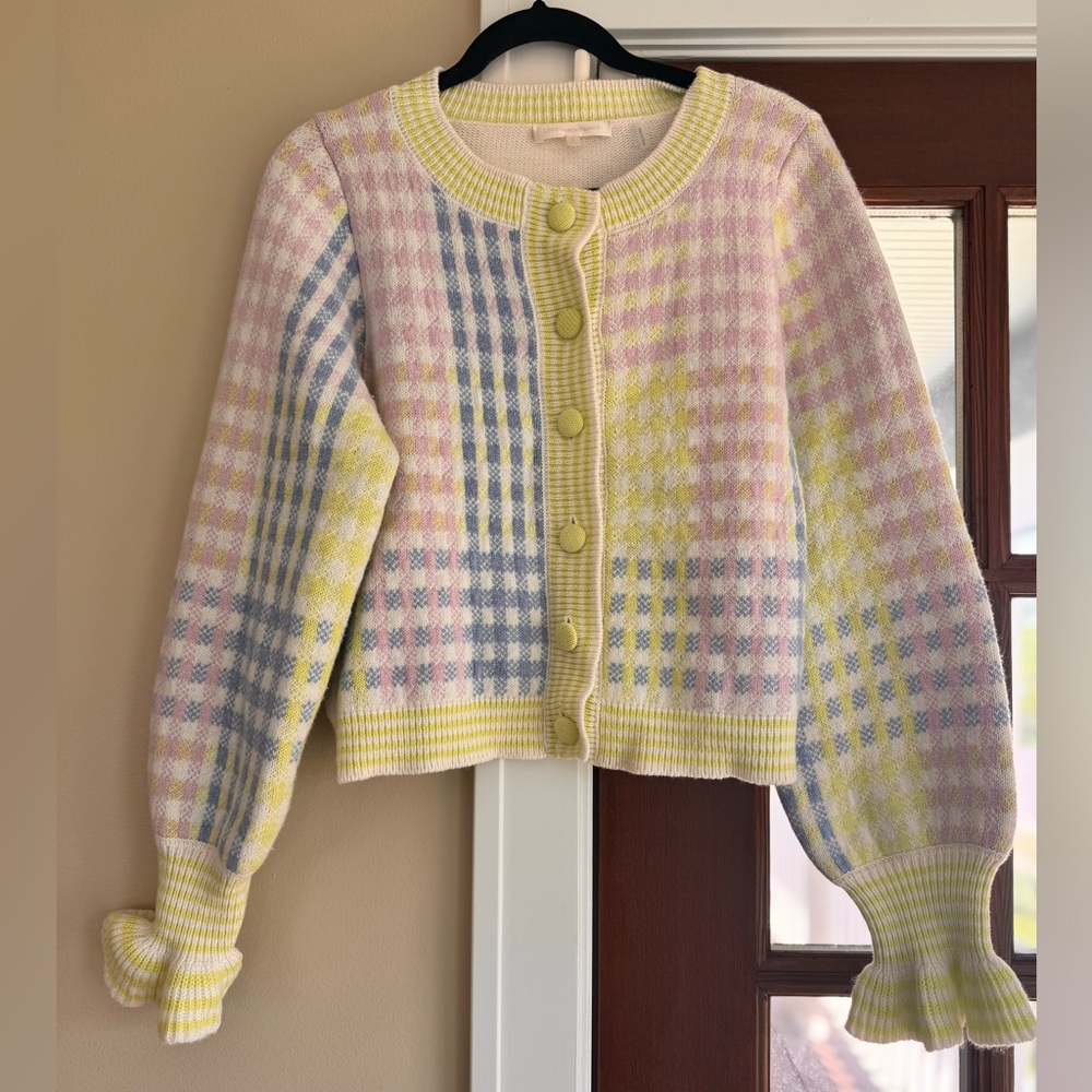 LoveShackFancy $475 Keoni Button Down Cardigan Sweater, Mint Jelly Small plaid - Picture 3 of 9